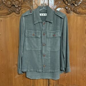 AMO Denim Ruffle Army Twist Army Green Jacket/Shirt with Layered Back Detail